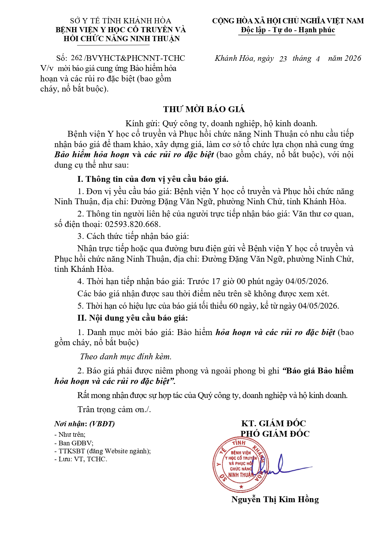 V/v mời báo giá cung ứng Bảo hiểm hỏa hoạn và các rủi ro đặc biệt (bao gồm cháy, nổ bắt buộc)